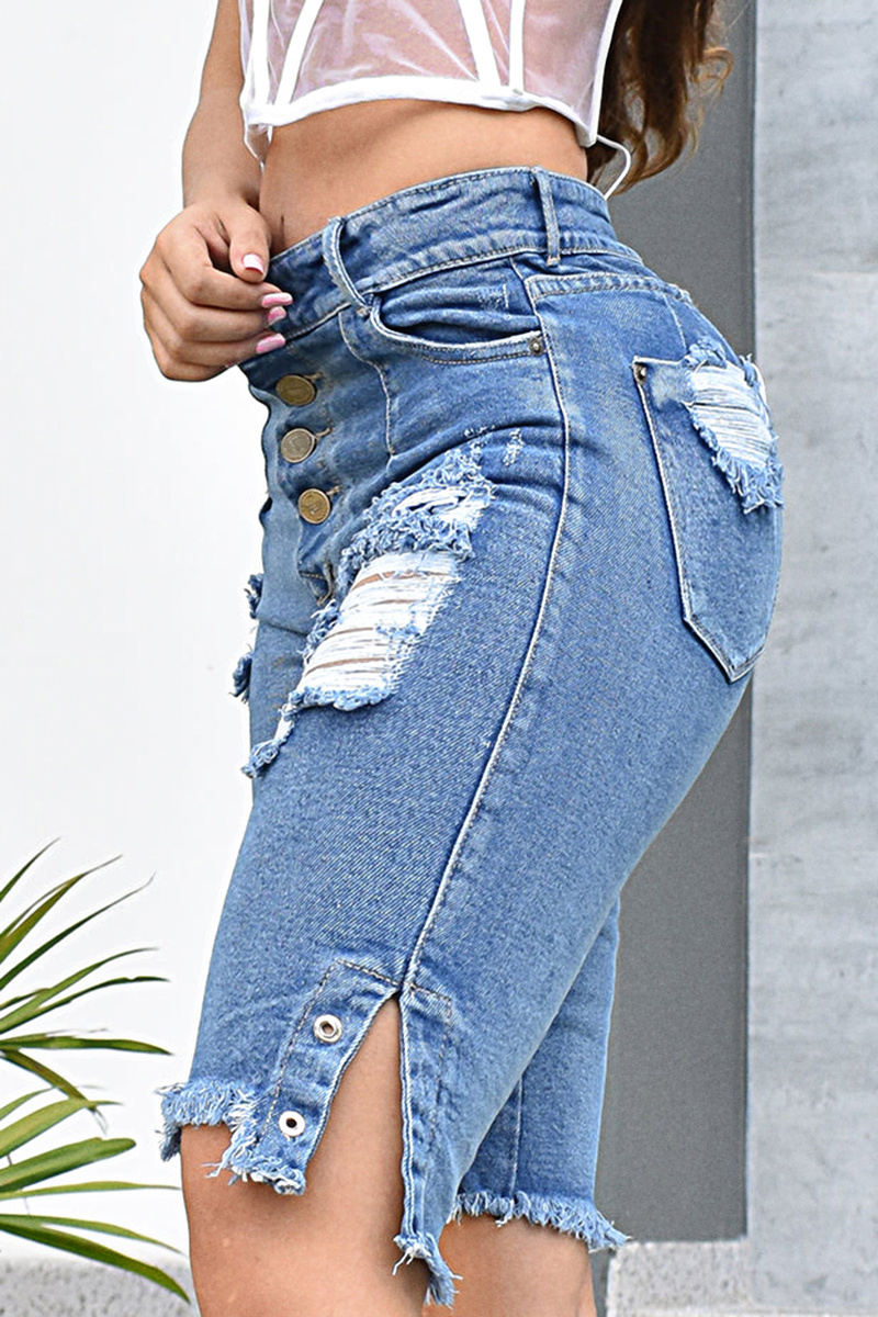 Ripped Button Fly High Waist Denim Shorts Enchixa