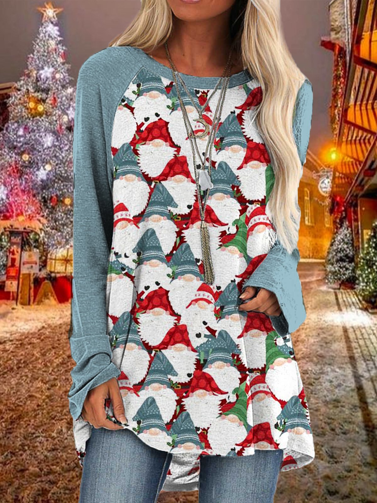 Women's Merry Christmas Gnome Print Casual Long Sleeve T-Shirt