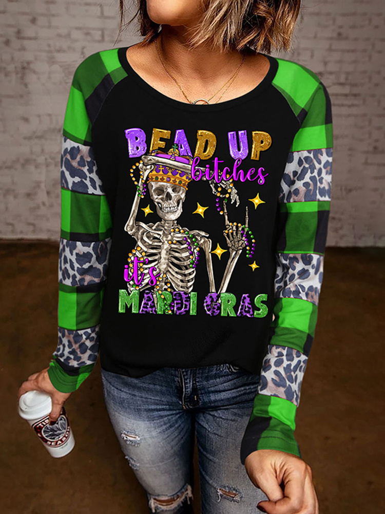[CLEARANCE SALE]Mardi Gras Leopard Plaid Skull Print T-Shirt