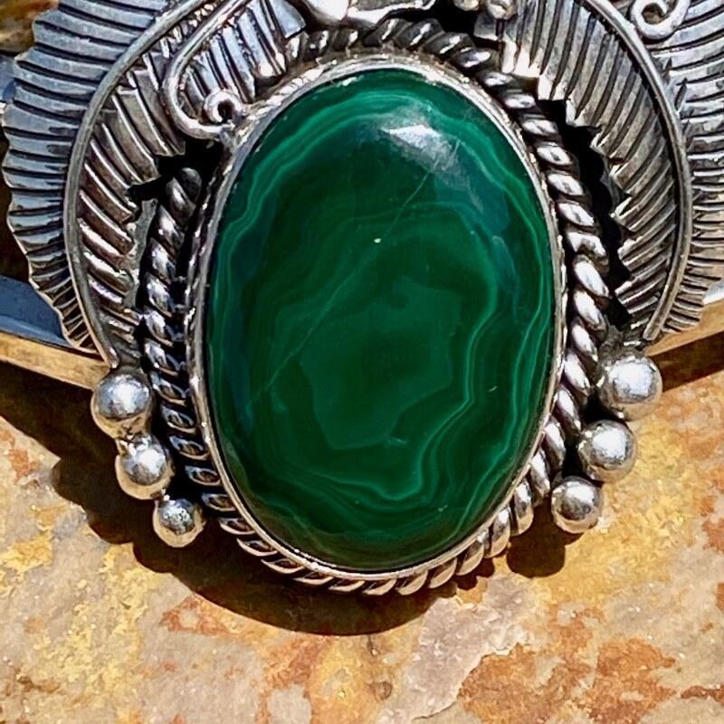 Double Green Malachite Signed Navajo Sterling Silver Bracelet