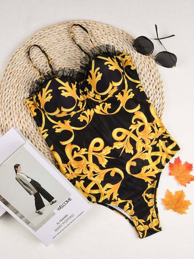 Ladies Court Vintage Style Printed Lace Panel Swimsuit