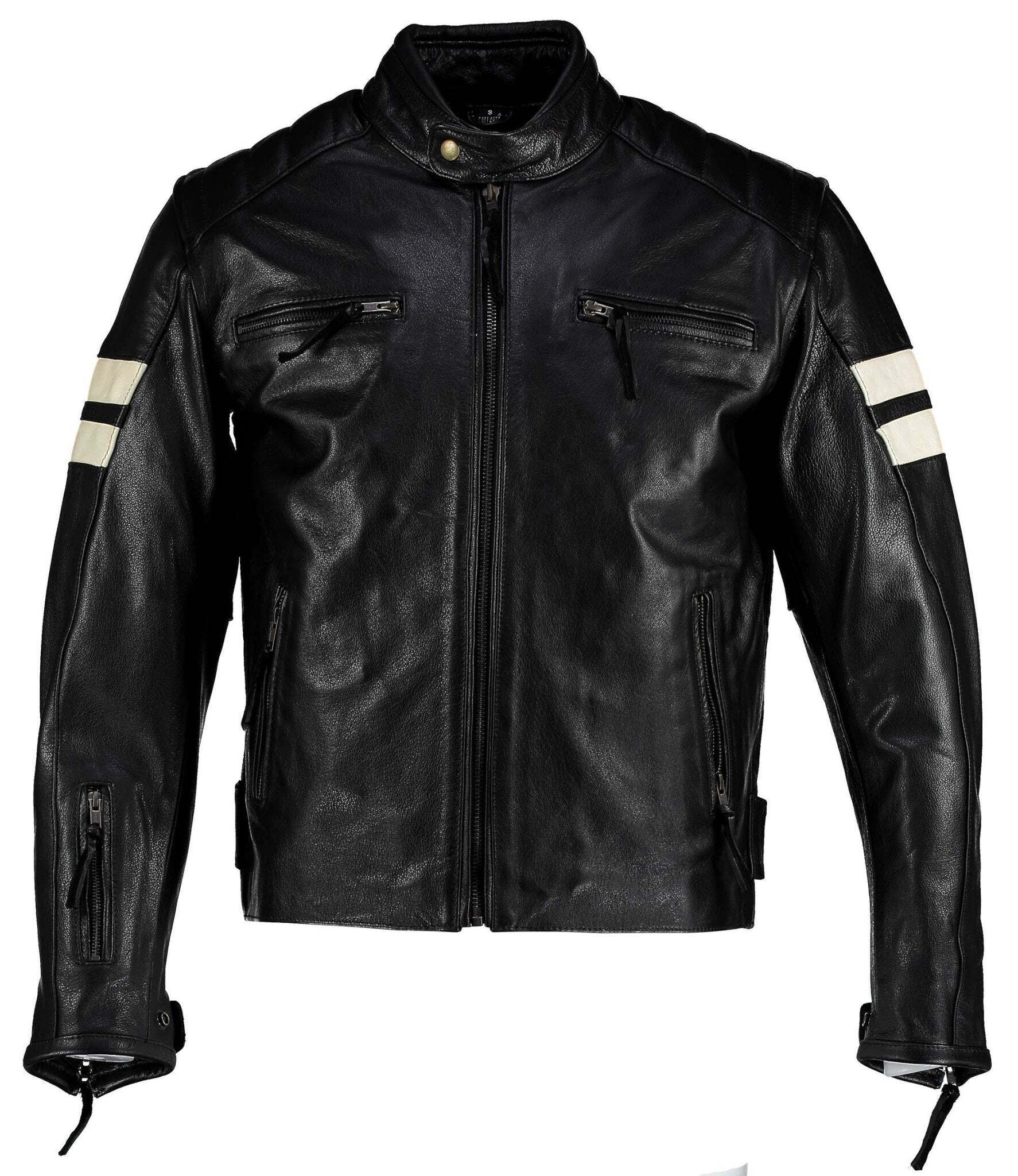 Roma Black Distressed Creme Stripes Cruiser Biker Leather Jacket