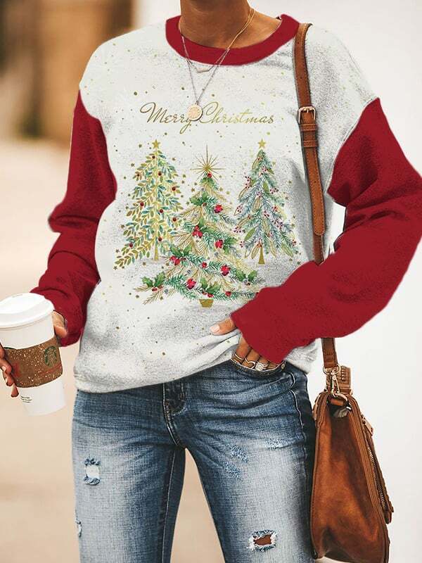 Women's Merry Christmas & Christmas Tree Print Sweatshirt