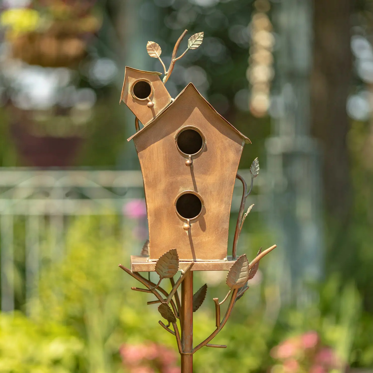 Copper Bird House Stake with A-Frame Roof