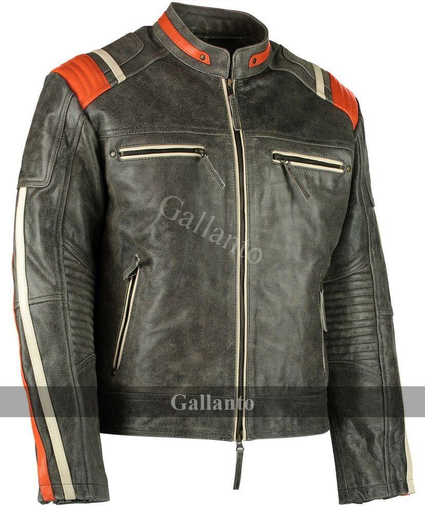 Men’s Distressed Orange Striped Motorcycle Cowhide Leather Jacket