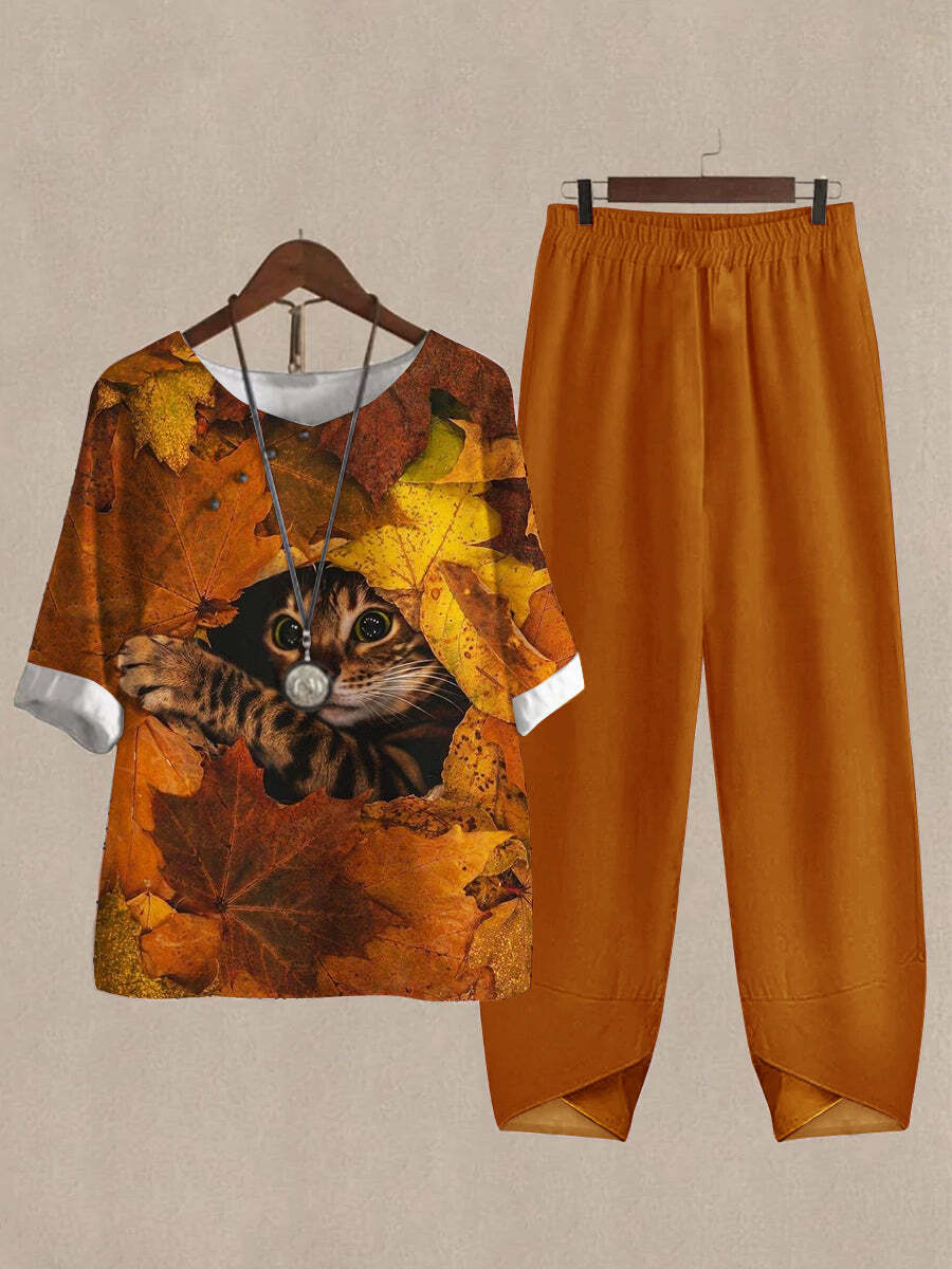 Linen Casual Women's Maple And Cat Print Two Pieces Set