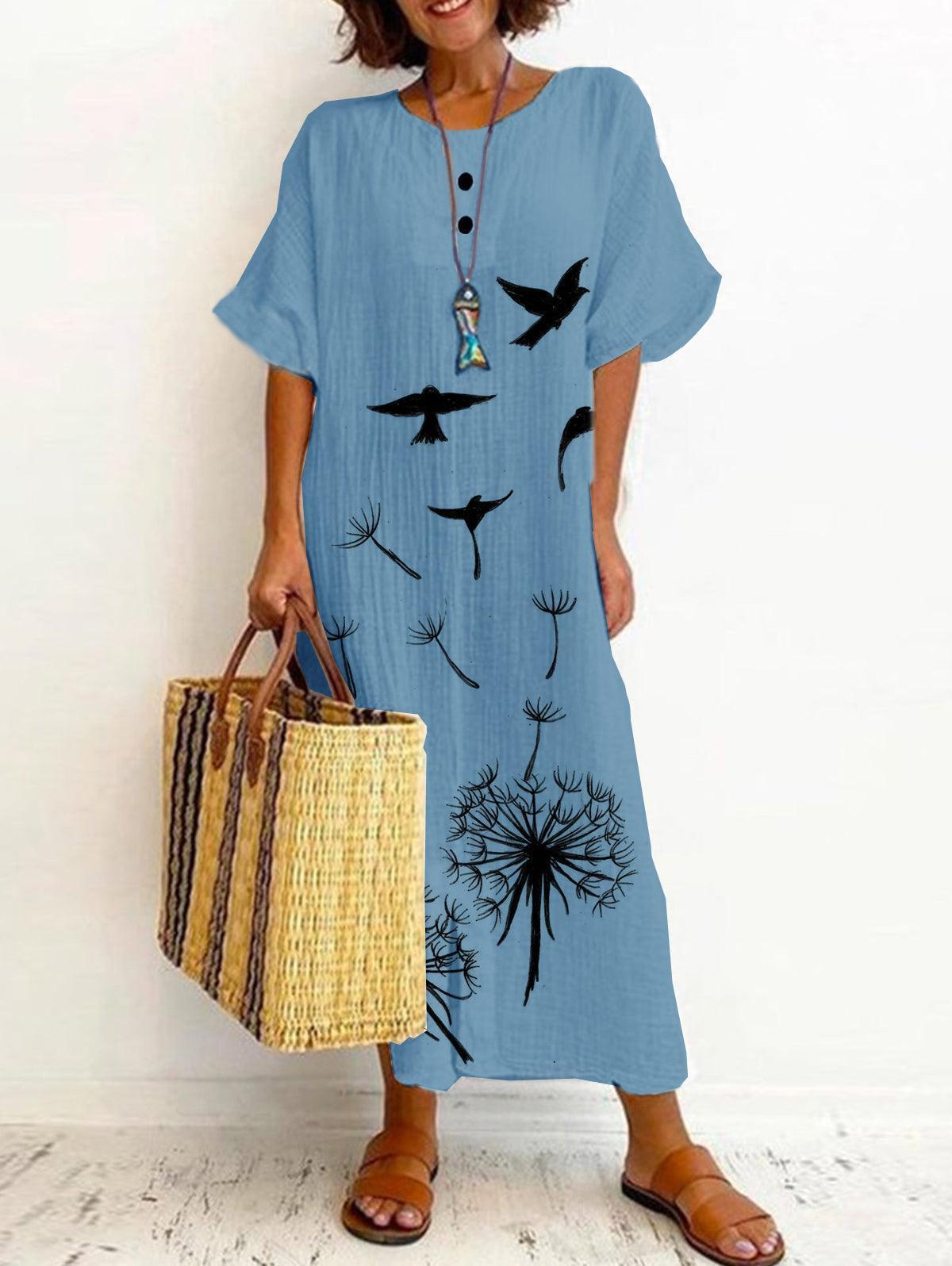 Women's Bird And Dandelion Print Button Ruffle Dress