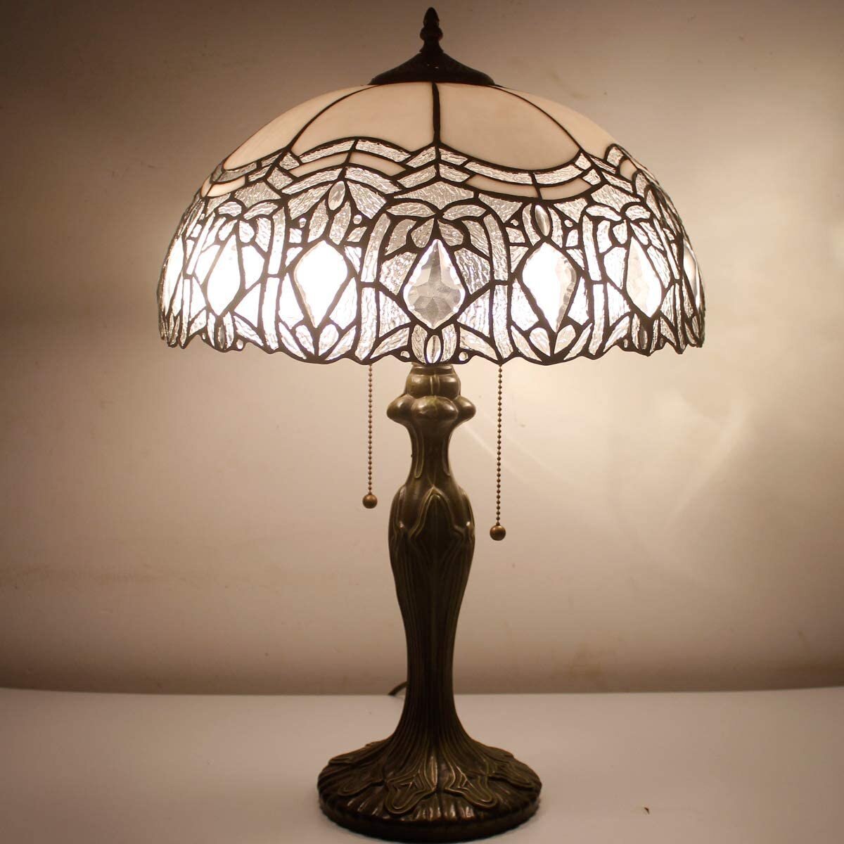 Tiffany Style Table Lamp Stained Glass White Crystal Shade Metal Base 24