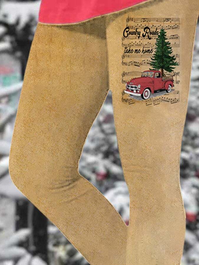 Christmas Tree Truck Country Roads Take Me Home Print Leggings