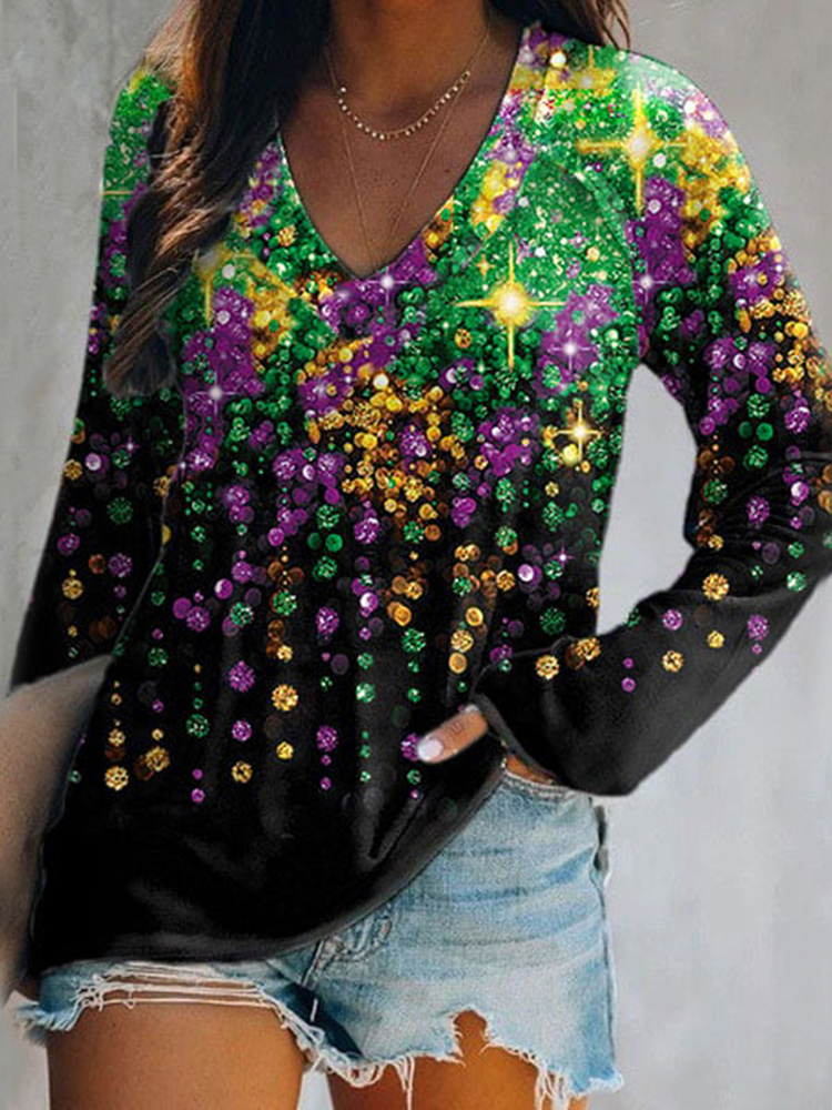 [CLEARANCE SALE]Women’s Shiny Mardi Gras Beads Print Long Sleeve T-Shirt