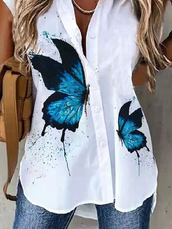 Butterfly Print Lapel Short Sleeve Shirt