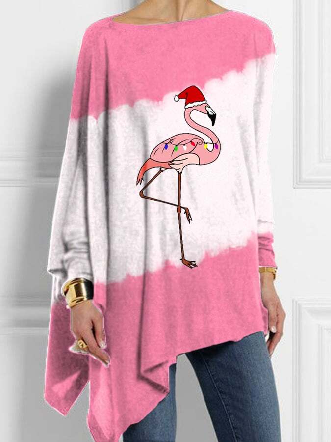 Women's Christmas Flamingo Print Casual Irregular Top