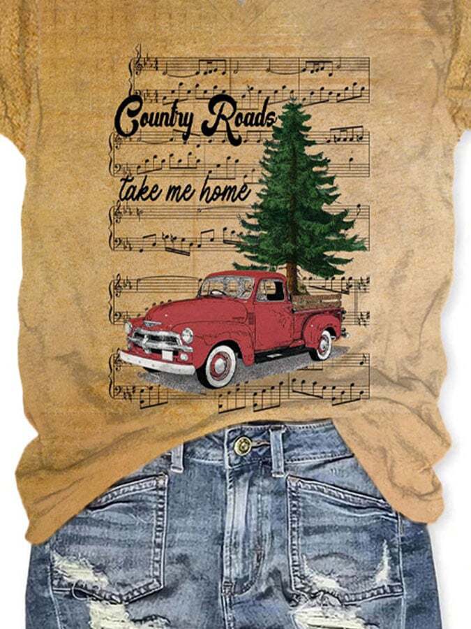 Christmas Tree Truck Country Roads Take Me Home Print T-Shirt