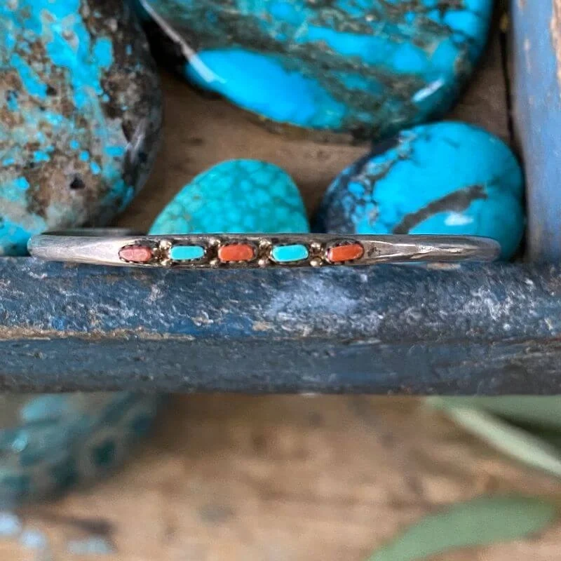 Zuni Needlepoint Bracelet with Turquoise and C.oral Sterling Silver