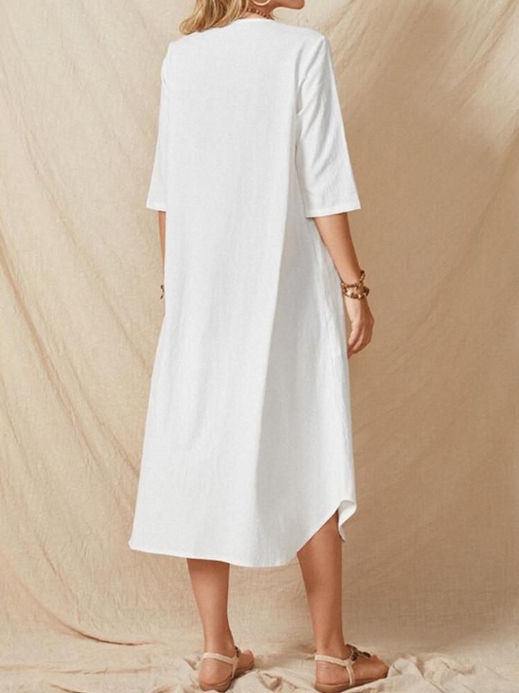 Round Neck 7 Minutes Sleeve Single-Breasted Solid Color Cotton Linen Dress?