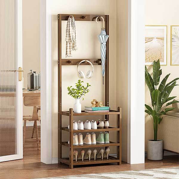 Hall Tree with Shoe Rack for Entryway, Coat Rack with 10 Hooks and Shoe Rack Organizer,Bamboo