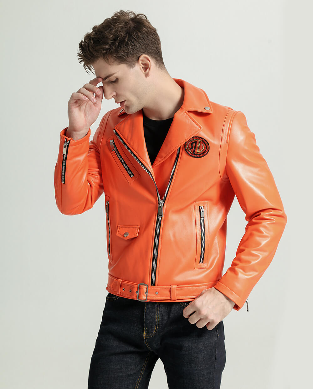 Zippered Sheepskin Moto Leather Jacket with Belt Orange