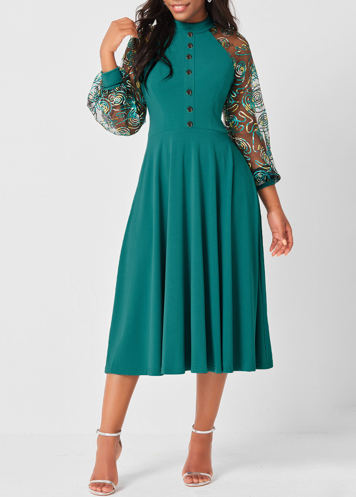 Green Sheer Mesh Decorative Button Dress - spaciova
