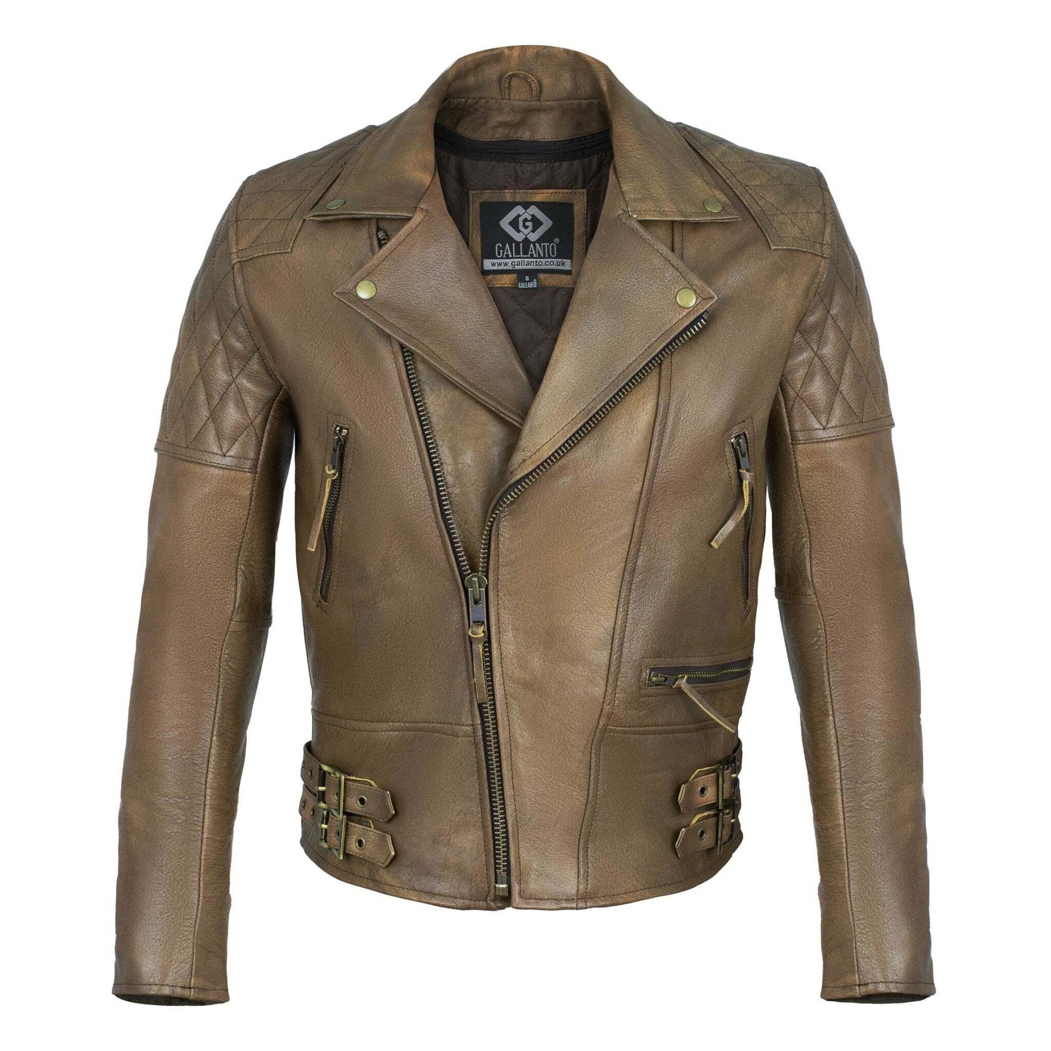 Classic Diamond Armoured Brown Biker Leather Jacket Motorcycle