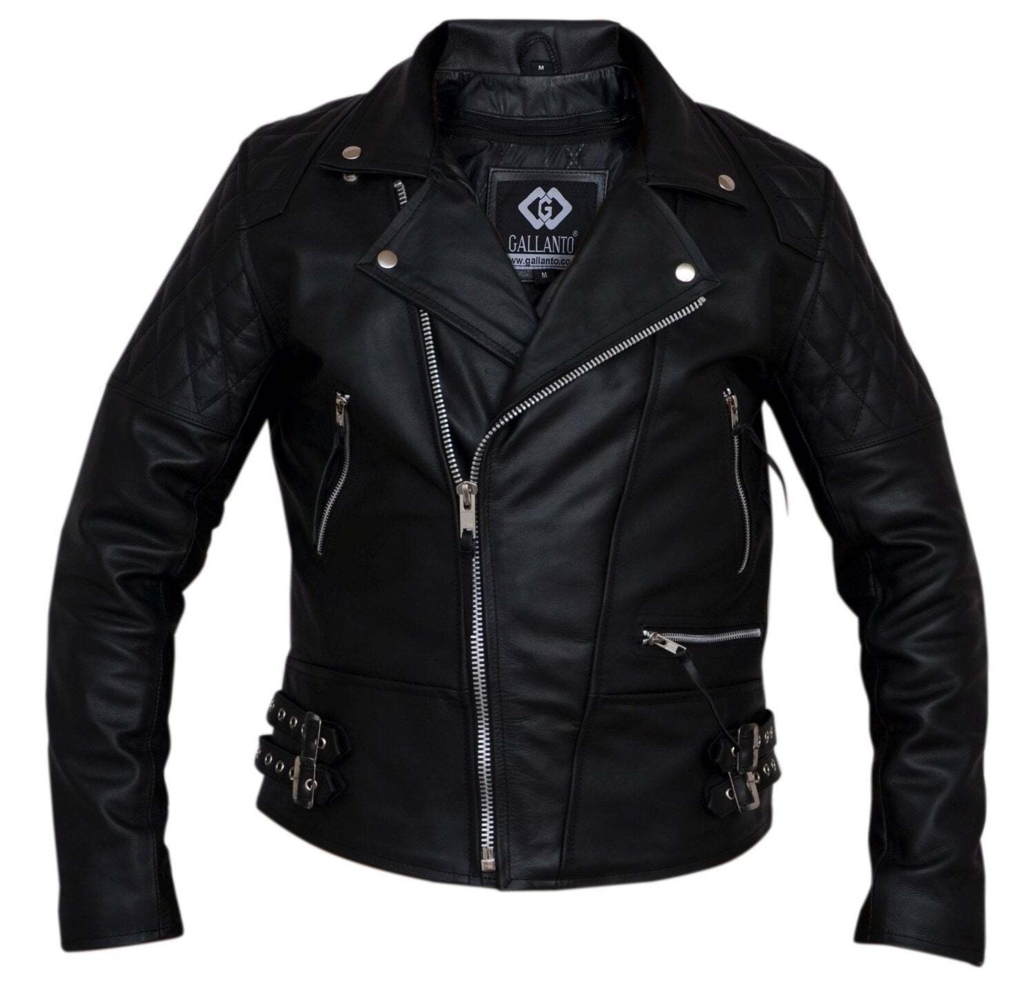 Classic Diamond Motorcycle Mens Black Leather Jacket Biker