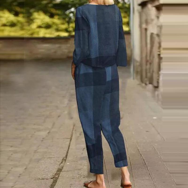 Women's Plaid Long Sleeve Top Casual Pants Two-Piece Cotton And Linen Suit