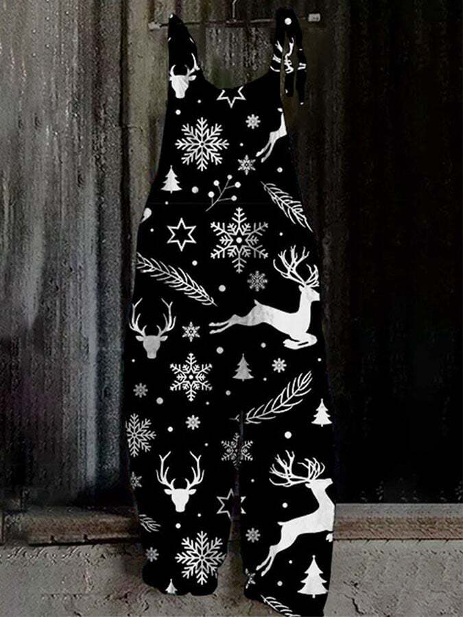 Christmas black and white elk snowflake print jumpsuit