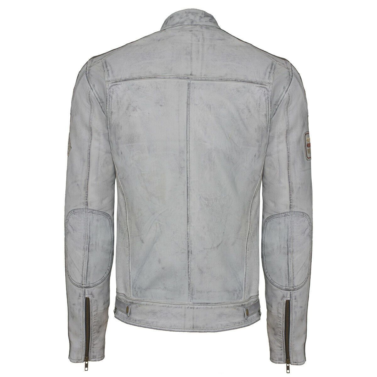 Classic Mens British Grey Motorcycle Leather Jacket With Badges