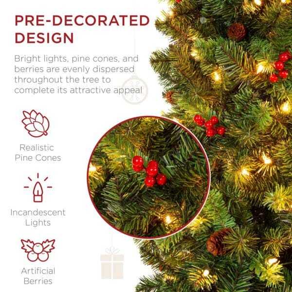 7.5 ft. Pre-Lit Incandescent Pencil Artificial Christmas Tree with 350 Warm White Lights, Pine Cones, Berries