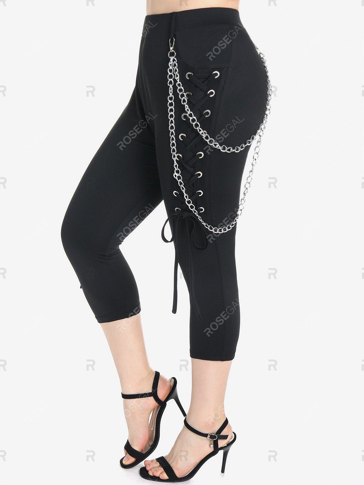 Lace Insert Handkerchief T Shirt and Lace Up Chains Gothic Capri Pants Plus Size Summer Outfit