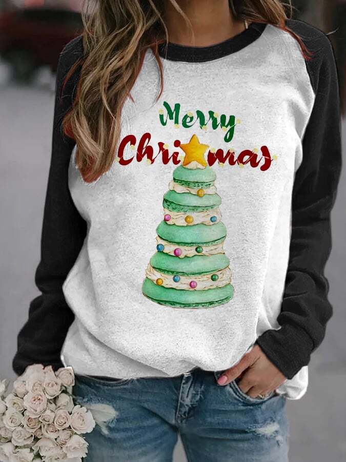 Women's Merry Macaroon Christmas Tree🎄 Print Casual Sweatshirt