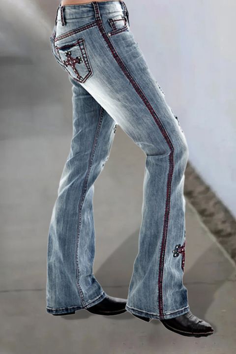 Ripped Embroidery Low Waist Bootcut Jeans