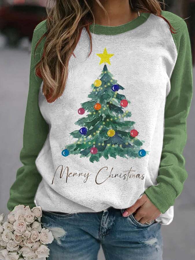 Women's Merry Watercolor Christmas Tree🎄 Print Casual Sweatshirt