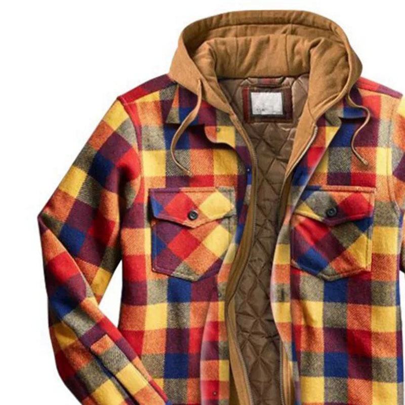 Men's Casual Plaid Color Plaid Jacket Hooded Fake Two Coats
