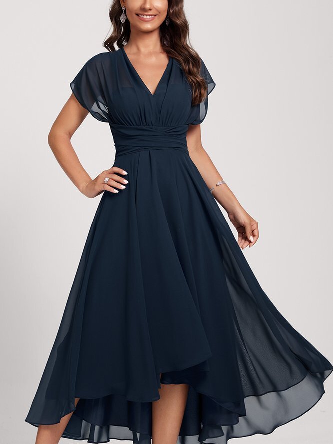 Blue Short Sleeve Cinched Waist Midi Dress
