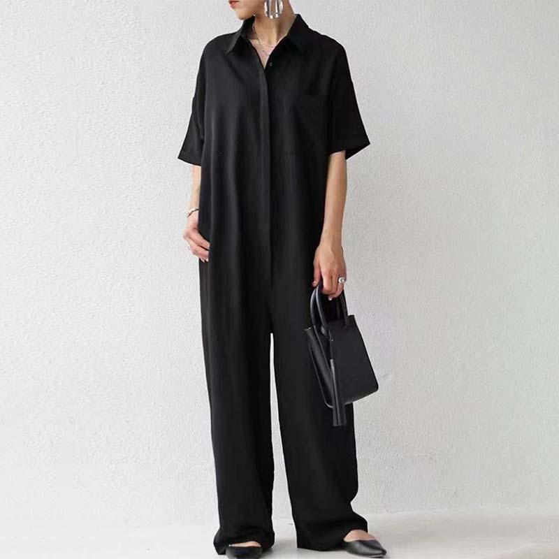 Women's Black Lapel Cotton And Linen Jumpsuit