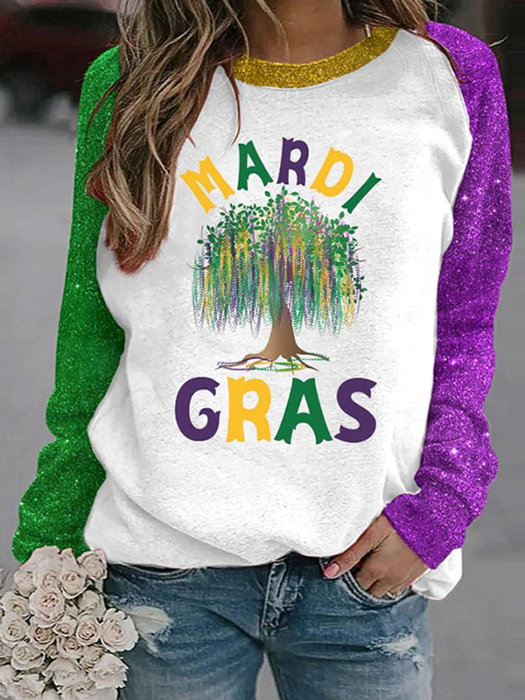 [CLEARANCE SALE]Watercolor Mardi Gras Bead Tree Round Neck Long Sleeve Sweatshirt