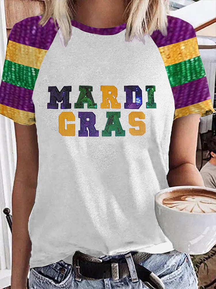 [CLEARANCE SALE]Women's Mardi Gras Color Block Sequin Print T-Shirt