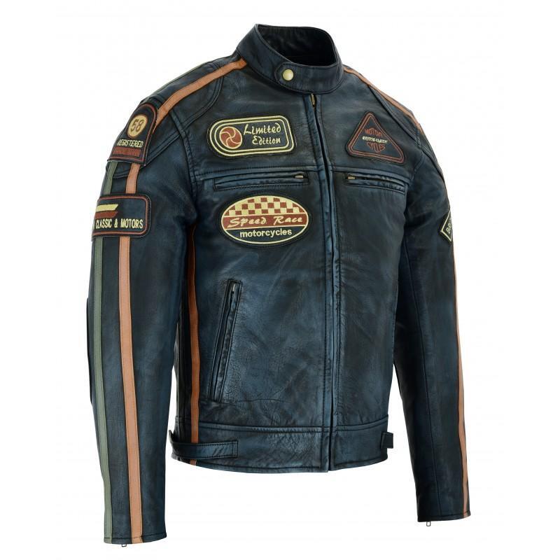 Mens British Motorcycle Black Wax Leather Badges Jacket Biker Tan Green Striped