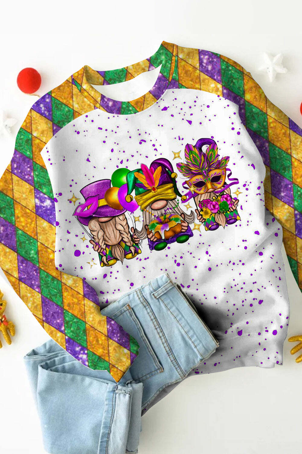 [CLEARANCE SALE]Mardi Gras Gnomies Cakes Flowers And Balloon Print Sweatshirt