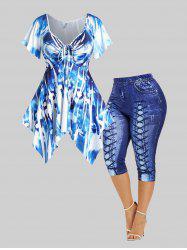 Tie Dye Cinched Handkerchief Tank Top and 3D Lace Up Jean Print Capri Leggings Plus Size Summer Outfit