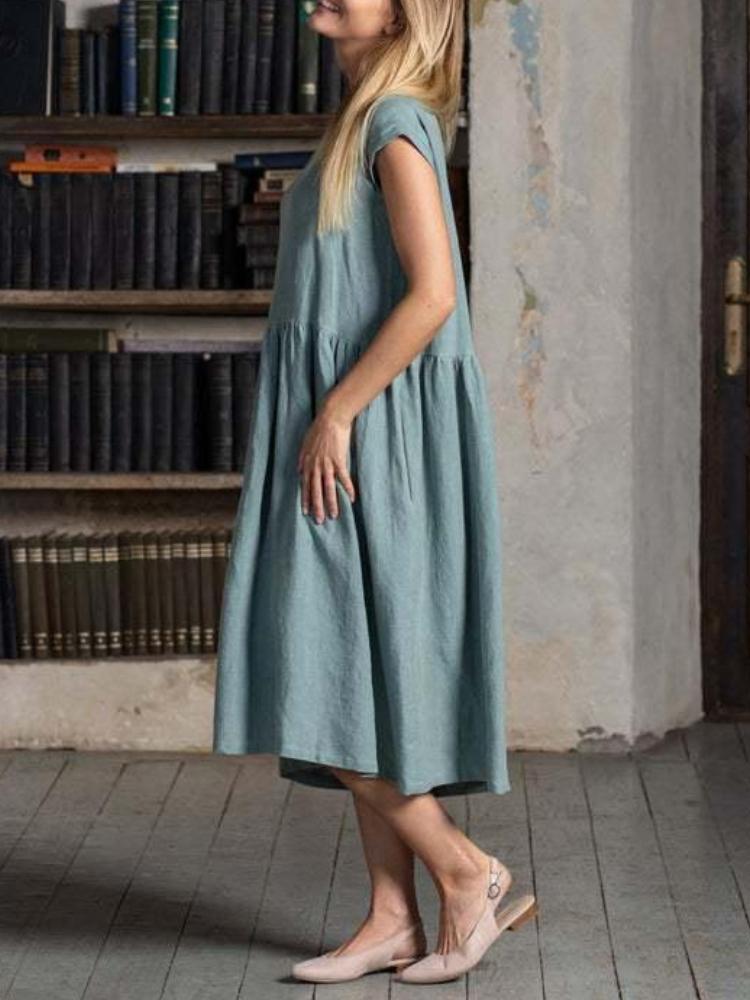 Loose Cotton And Linen Dress In Solid Color