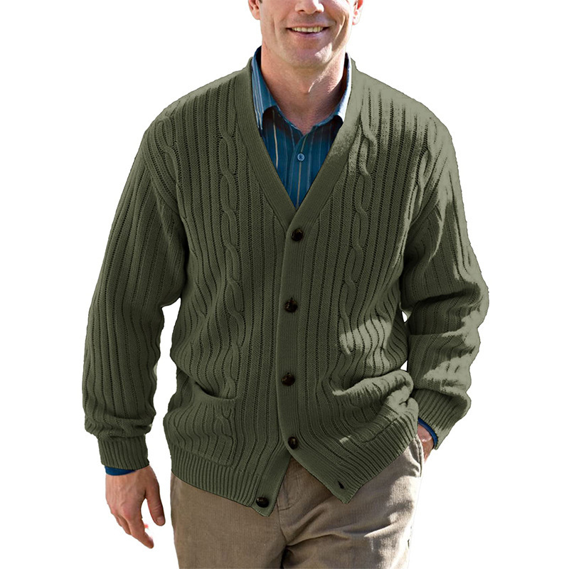 Men's English Solid V-Neck Jacquard Knit Sweater Jacket