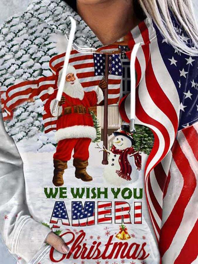 We Wish You Ameri Christmas Santa and Snowman Printed Hoodie