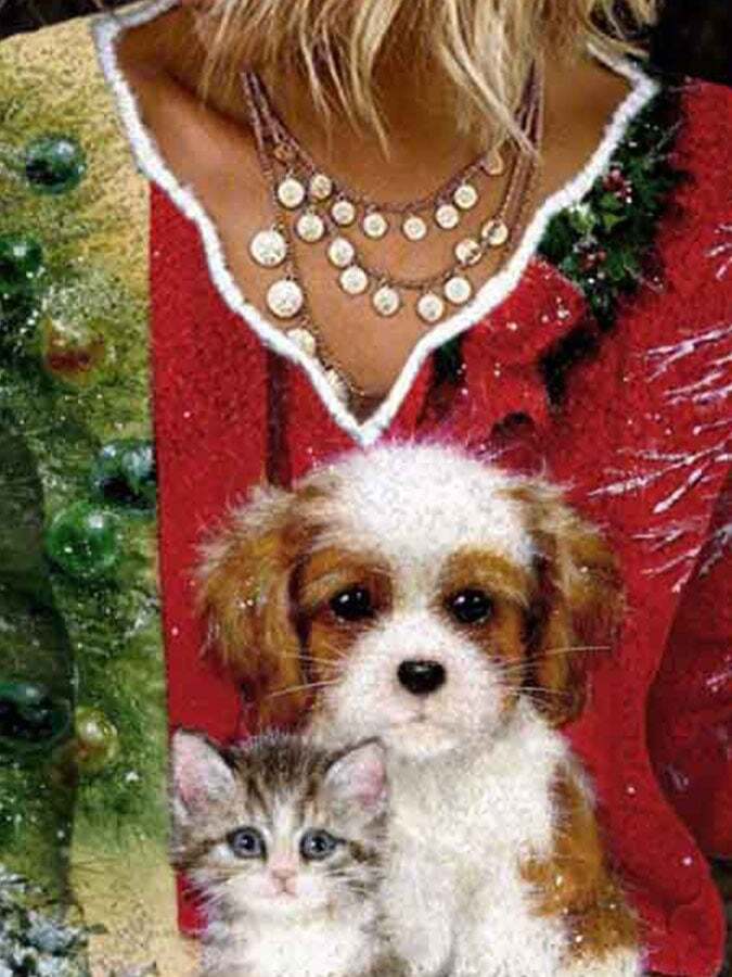 Christmas Dog And Cat Print Knit Tops