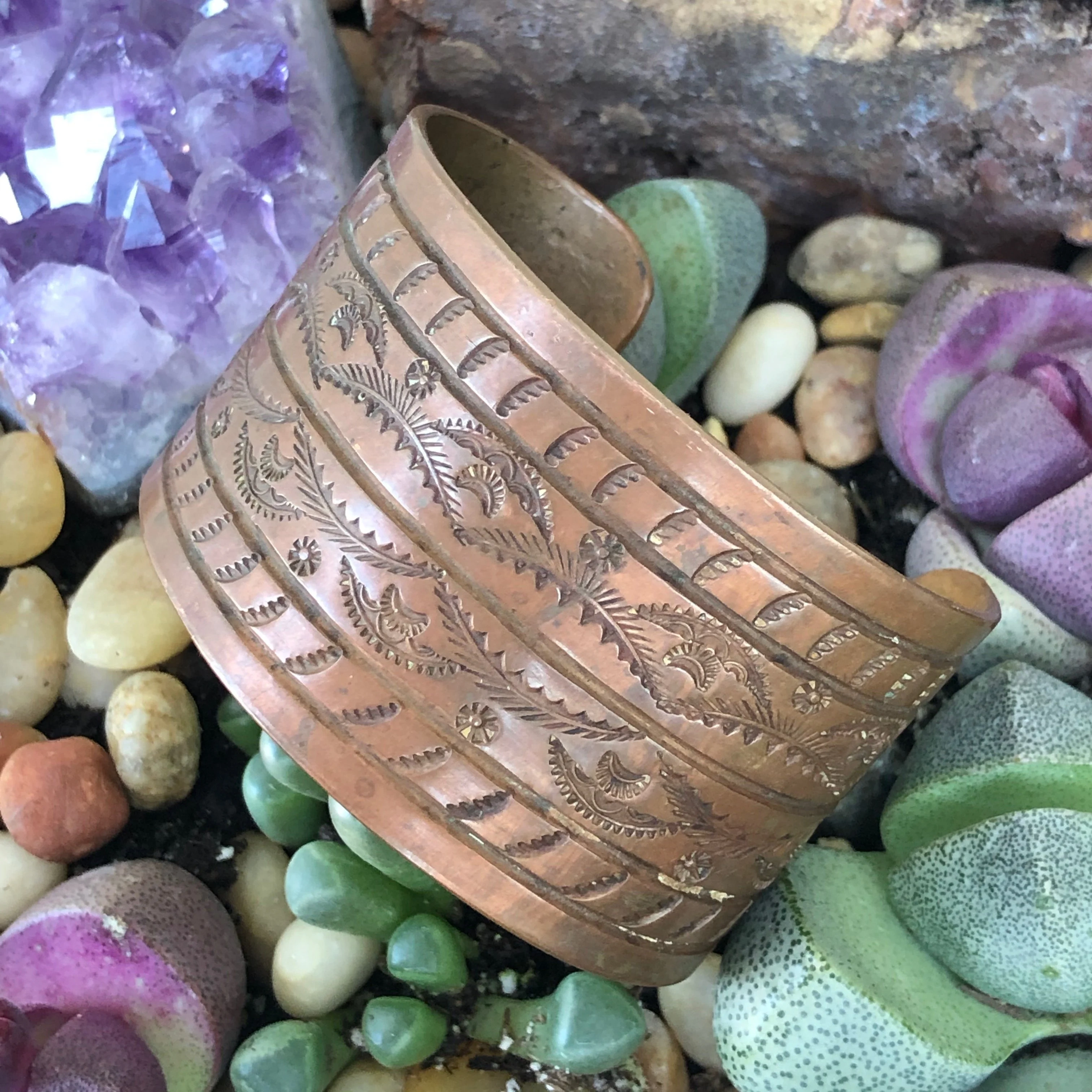 Early Navajo Wrought Copper Cuff Bracelet with Dye Stamp Decoration