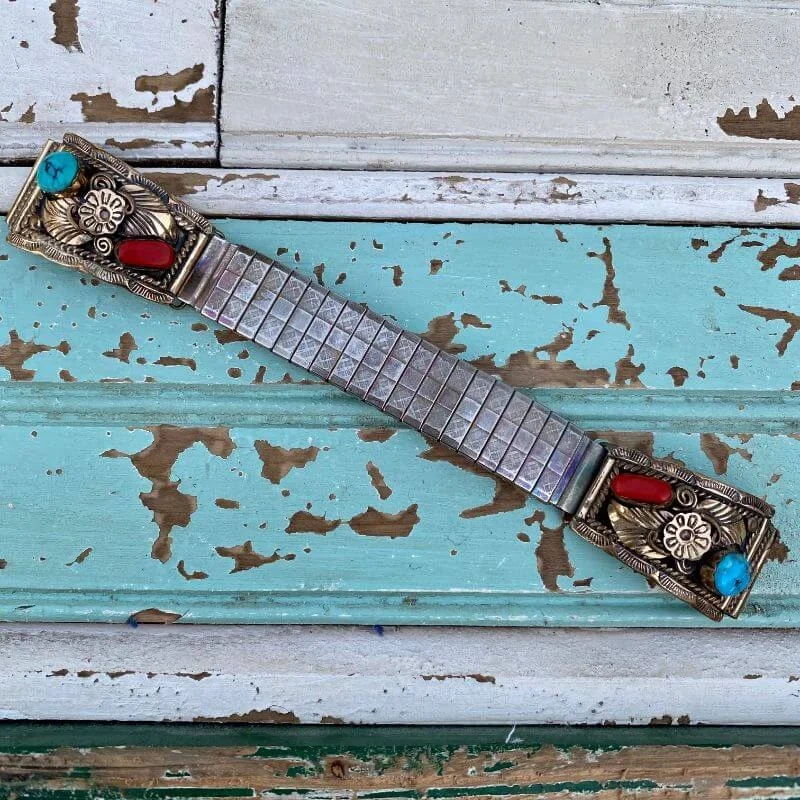 Gold over Sterling Silver Watch Band Plates with Turquoise and Appliqué