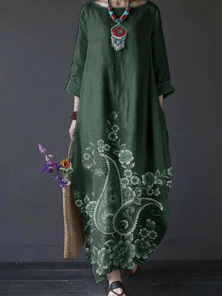 Women's Cashew And Flower Print Crew Neck Maxi Dress