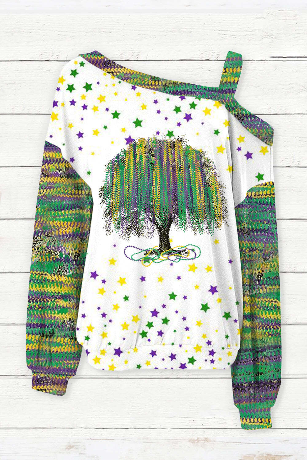 [CLEARANCE SALE]New Orleans Mardi Gras Watercolor Bead Tree Print Off-Shoulder Blouse