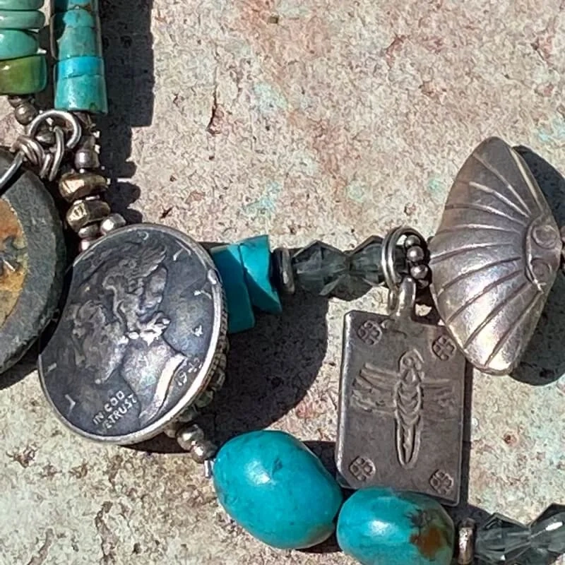 Turquoise and Sterling Silver Charm Bracelet with Mercury Dime