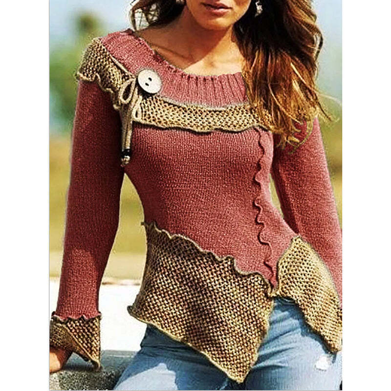 Fashion stitching round neck retro long-sleeved sweater